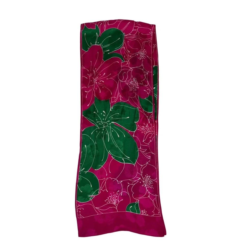 Ginnie Johnson Pink Hibiscus Floral Silk‎ Scarf Tropical Botanical Signed 61x11